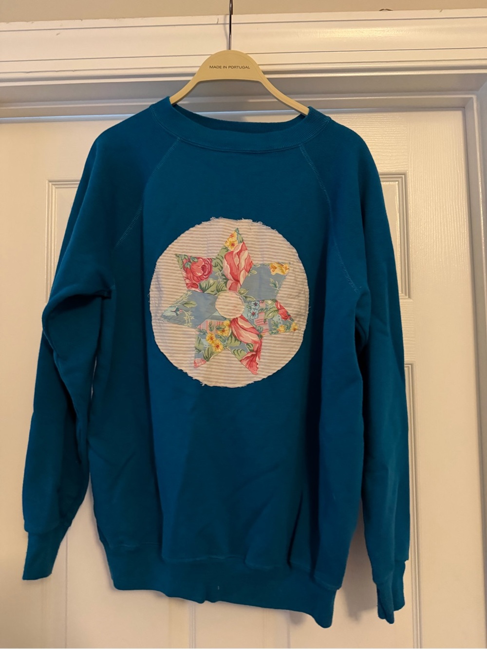 Teal Floral hand sewn Patch Crewneck Sweater
